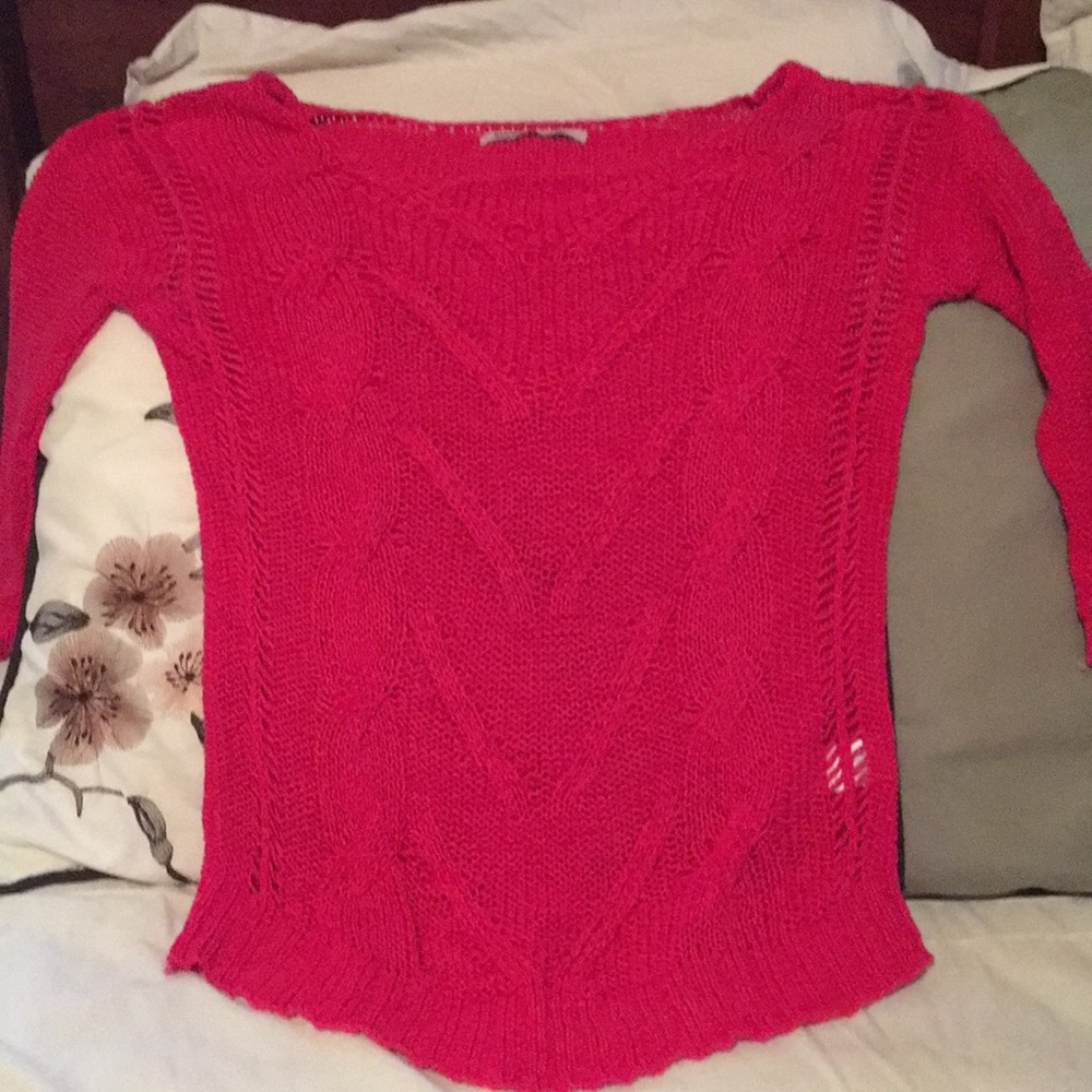 Coral 3/4 sleeve, cable knit sweater